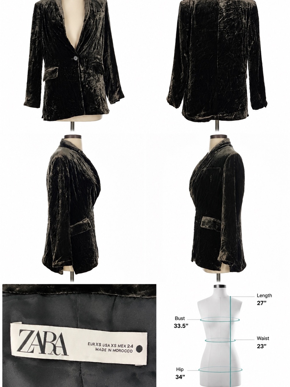 Zara Dark  Black Crushed Velvet One-Button Blazer